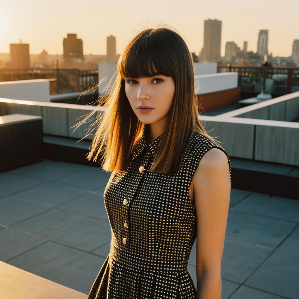 Young Woman on Rooftop at Sunset with Urban Skyline