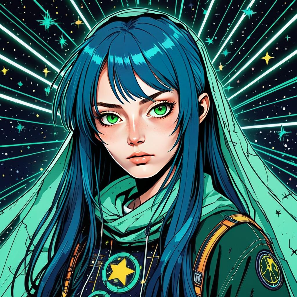 Anime-Style Portrait of Woman with Blue Hair and Green Eyes in Cosmic Sci-Fi Setting