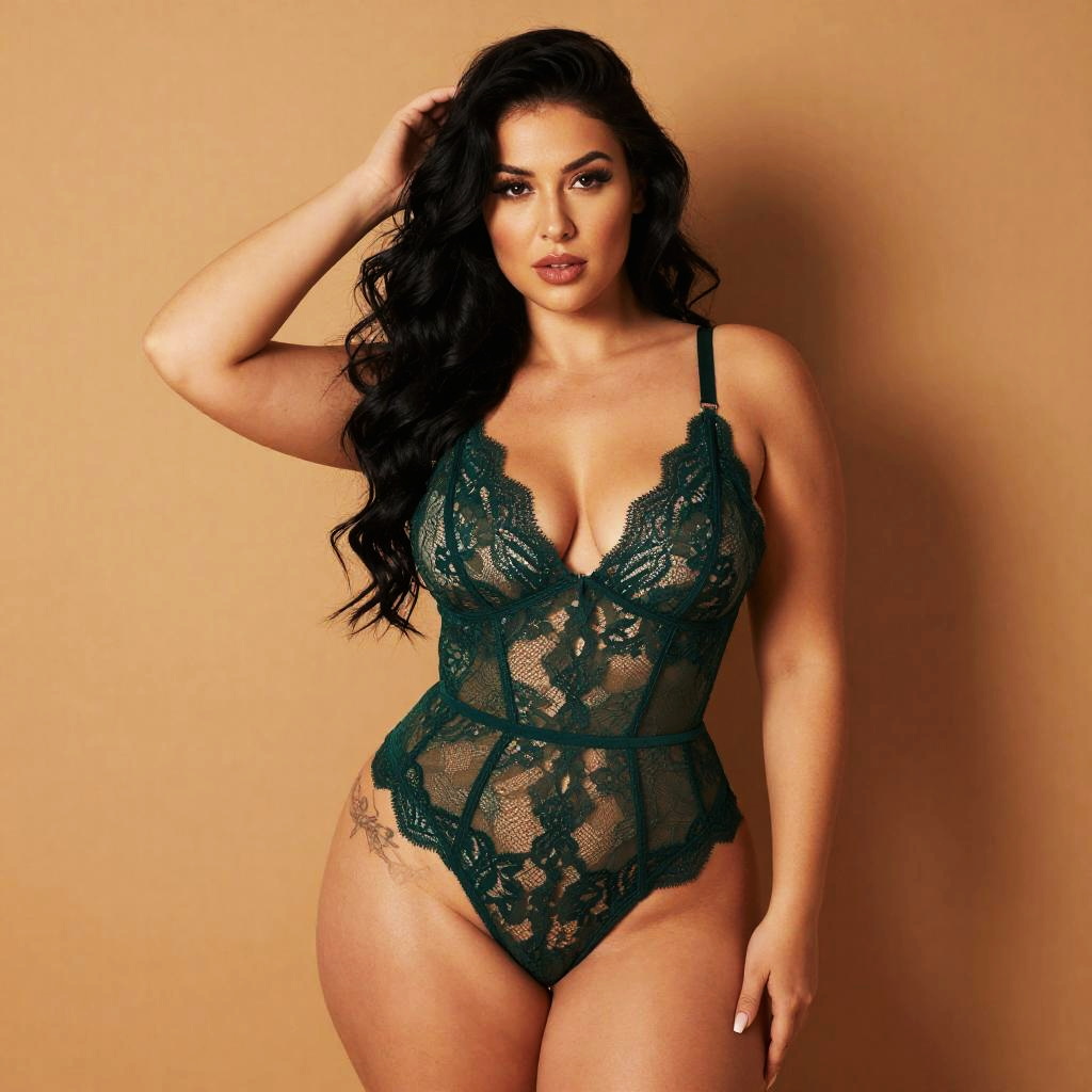 Elegant Plus Size Woman in Dark Green Lace Bodysuit Gen Z Style