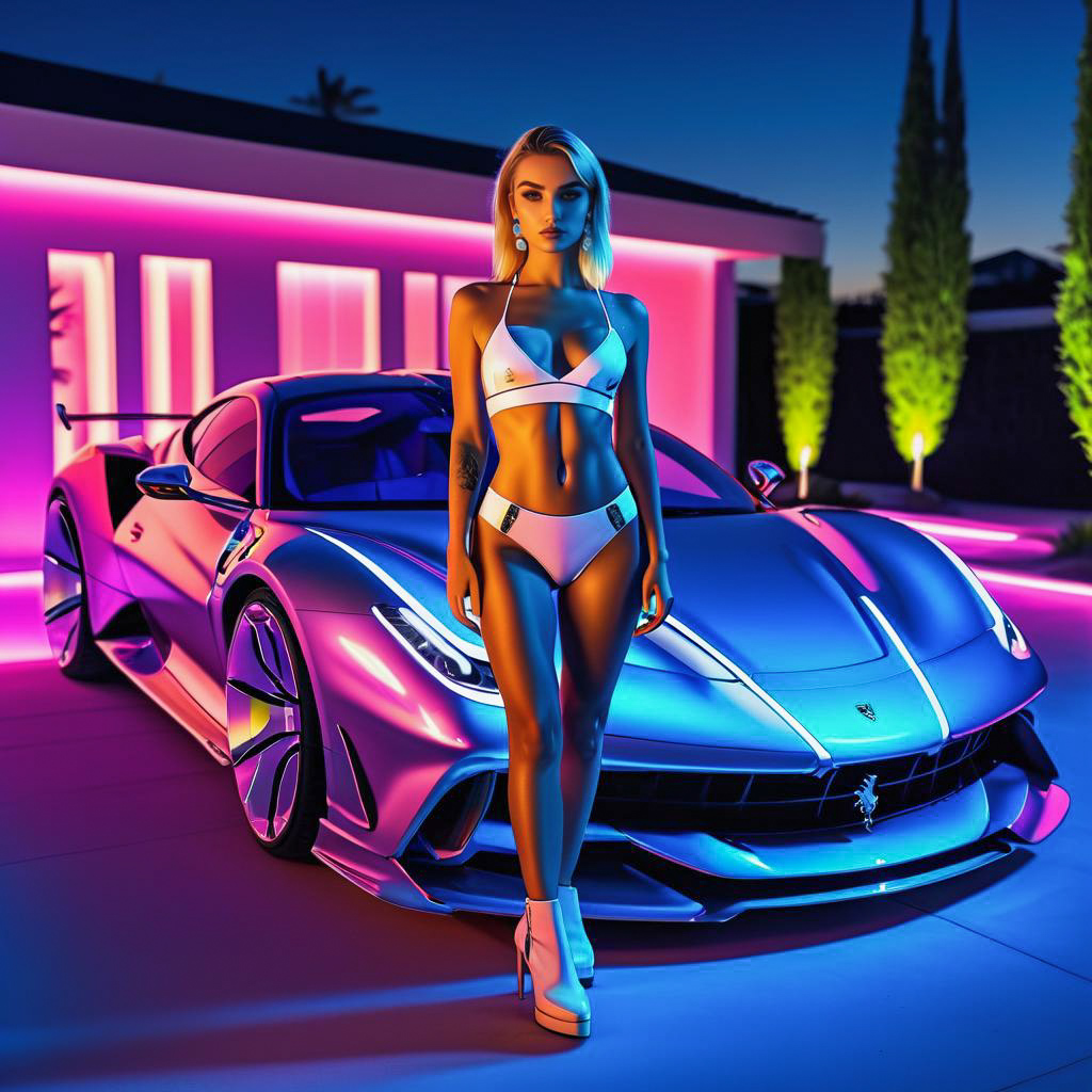 Confident Woman in Bikini Beside Futuristic Sports Car