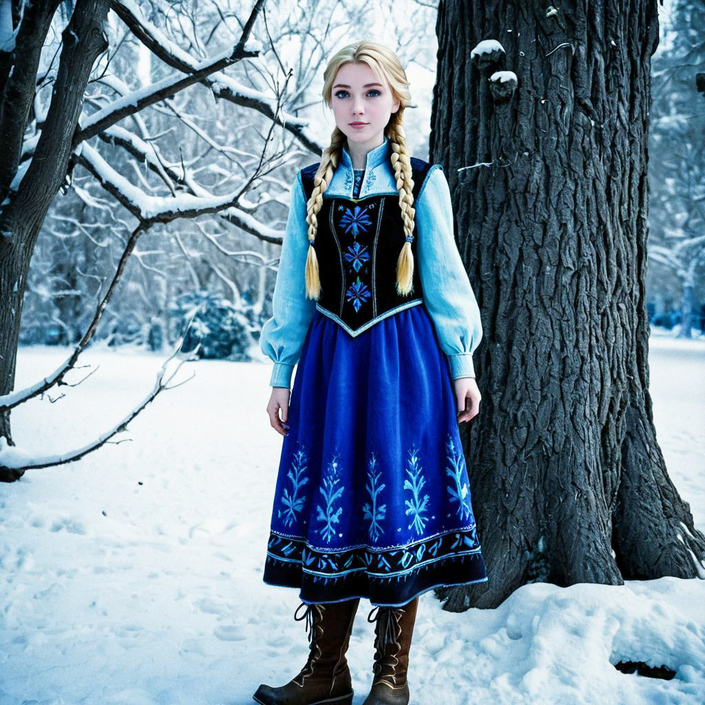 Young Woman in Blue Dress in Snowy Forest