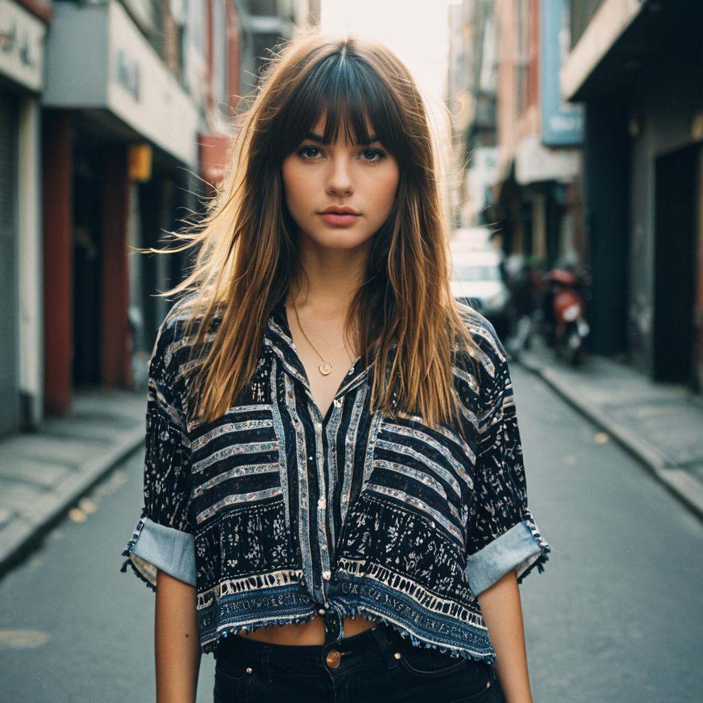 Confident Young Woman in Patterned Shirt Standing in Urban Street