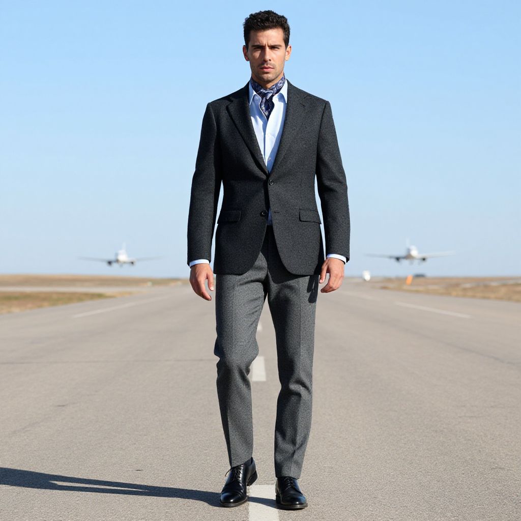 Man in Formal Attire Walking on Runway with Private Jets
