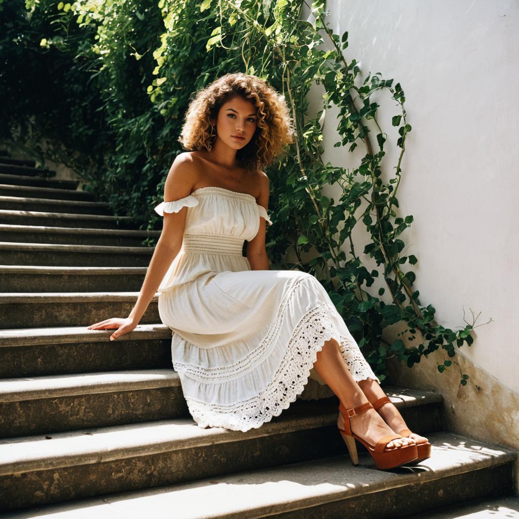 Woman in White Dress Sitting on Outdoor Steps with Green Vines