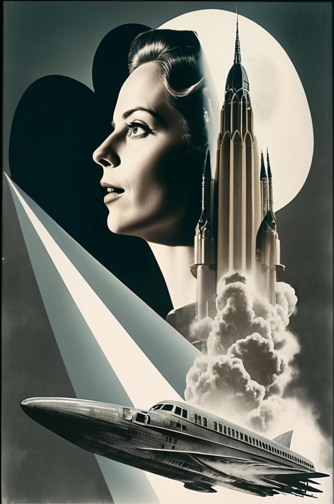 Stylized Woman with Skyline and Spaceship Illustration Stylized Woman with Skyline and Spaceship Illustration