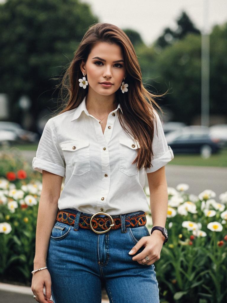 Woman in White Designer Shirt with Floral Earrings and Blue Jeans Outdoors