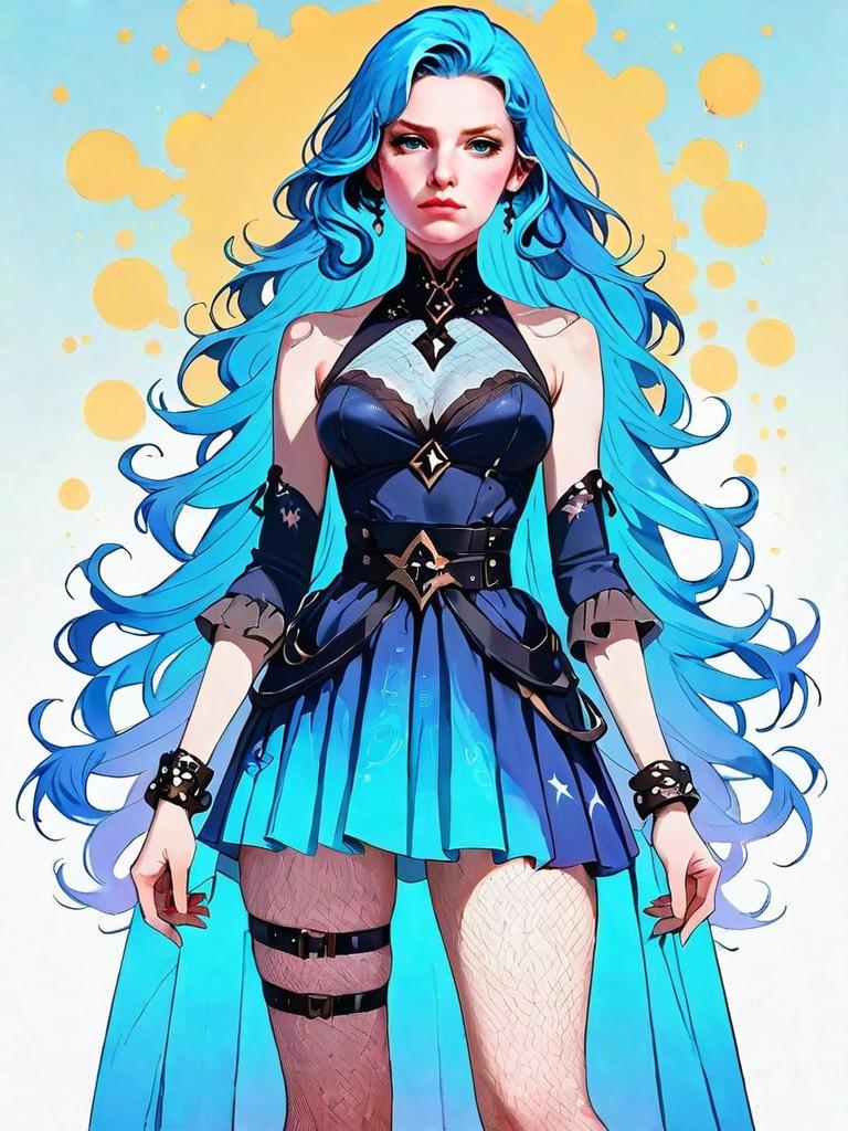 Anime Style Woman in Modern Fishnet Wrap Dress with Blue Hair