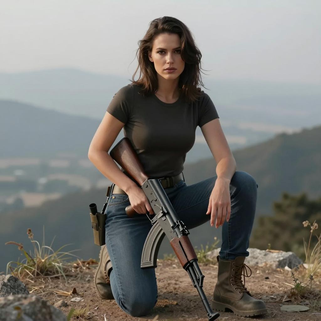 Young Woman Kneeling Outdoors Holding Assault Rifle in Mountain Landscape