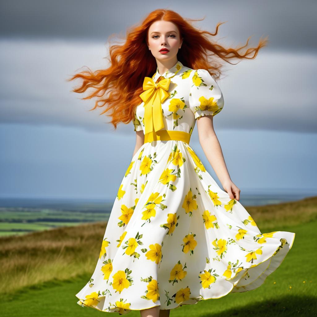 Woman in Floral Dress on Rolling Hills