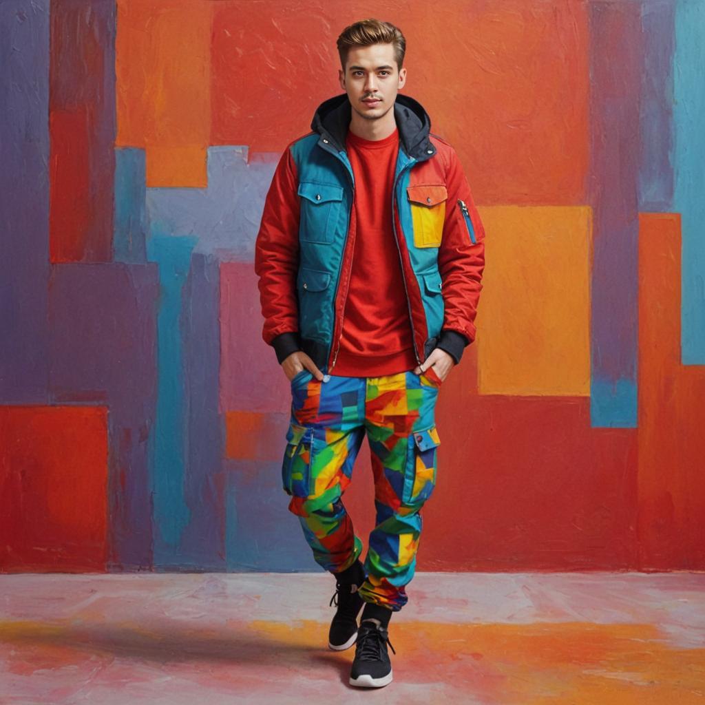 Stylish man in red jacket against vibrant geometric background