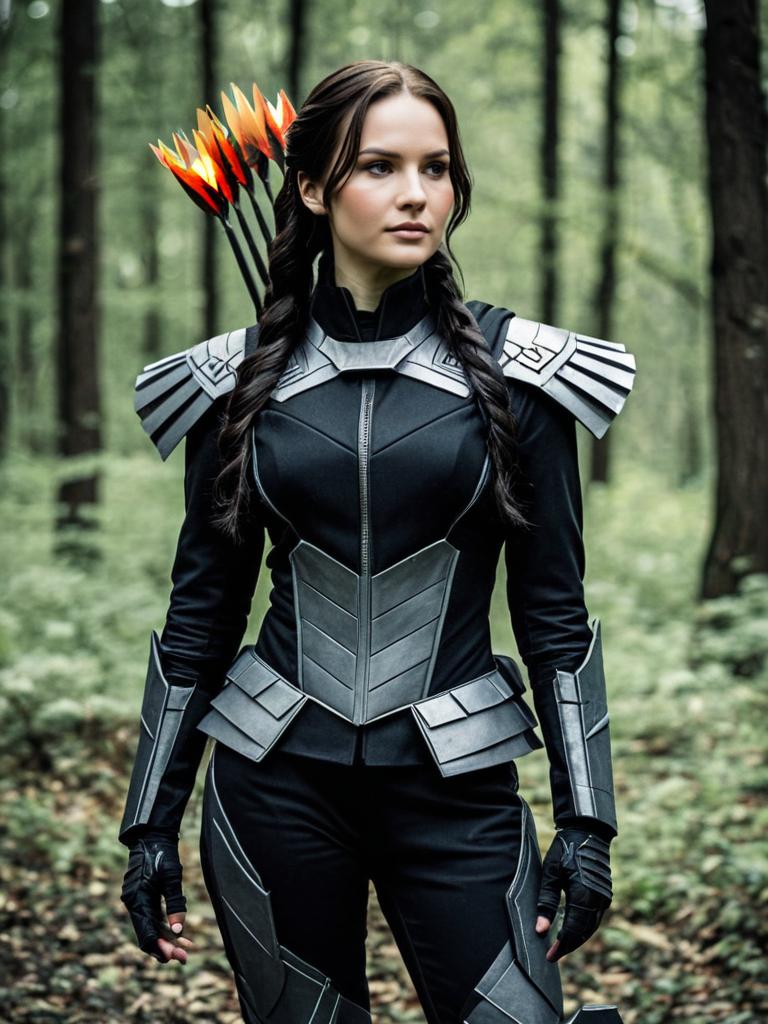 Woman in Mockingjay Costume Full Body Cosplay Photo with Bow and Armor