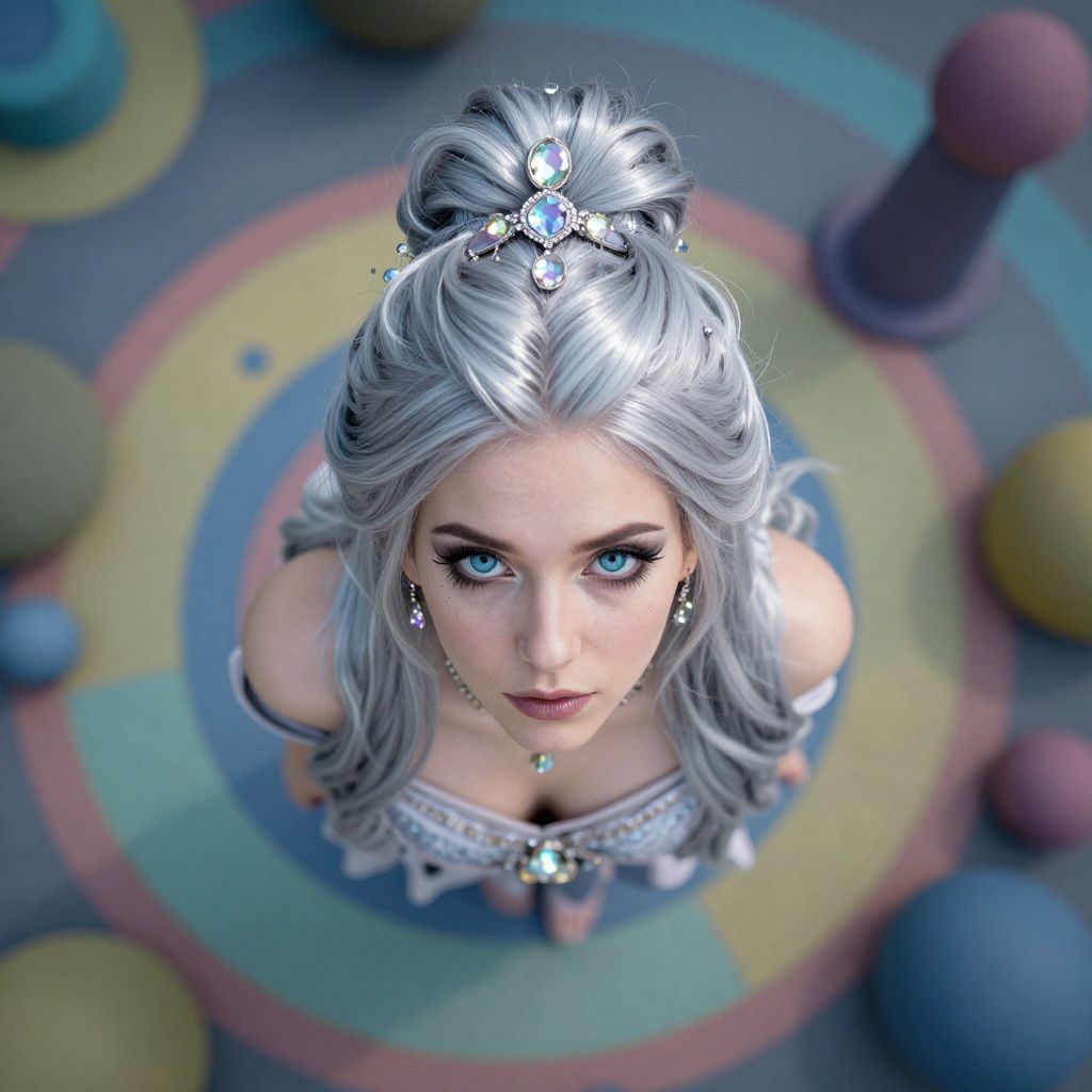 Fantasy Woman with Silver Hair and Crystal Jewelry in Whimsical Colorful Setting