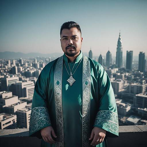 Man in Traditional Green Robe on City Rooftop with Urban Skyline