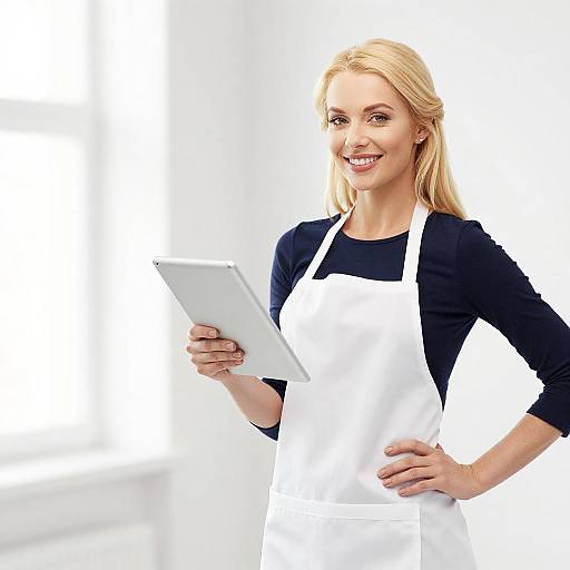 Smiling Woman in White Apron Holding Tablet in Bright Modern Kitchen
