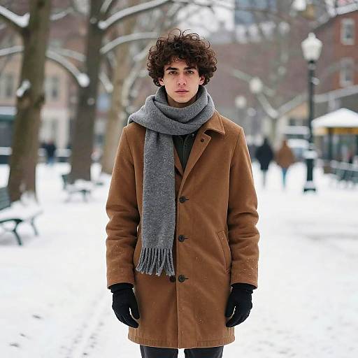 Young Man in Brown Coat and Gray Scarf on Snowy Urban Street