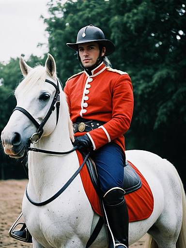 Man in Traditional British Horse Rider Costume on White Horse