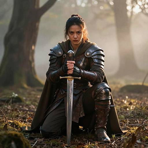 Young Woman in Medieval Armor Holding Sword in Forest