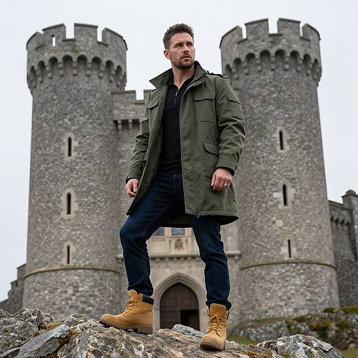 Man in Green Jacket Standing on Rocks in Front of Stone Castle