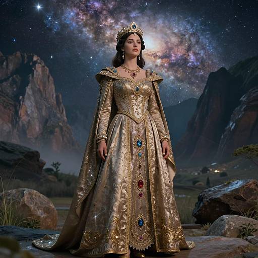 Regal Woman in Golden Gown with Crown Under Starry Galaxy Sky