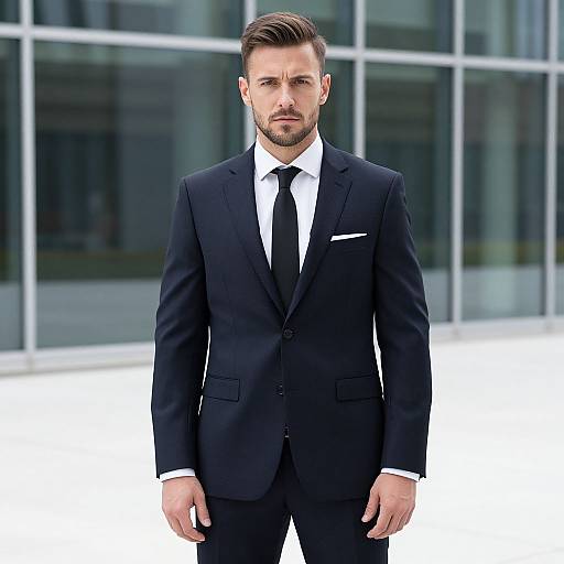 Professional Man in Black Suit Outside Modern Office Building
