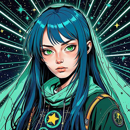 Anime-Style Portrait of Woman with Blue Hair and Green Eyes in Cosmic Sci-Fi Setting