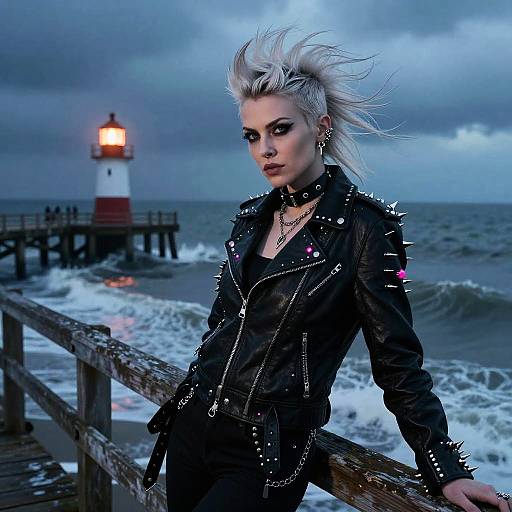 Edgy Gen Z Woman in Punk Style Leather Jacket by Ocean Lighthouse