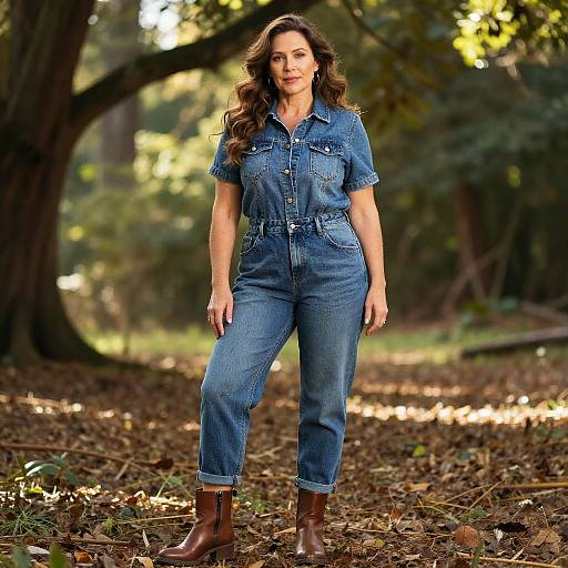Woman Wearing Denim Outfit and Brown Boots Outdoors in Nature