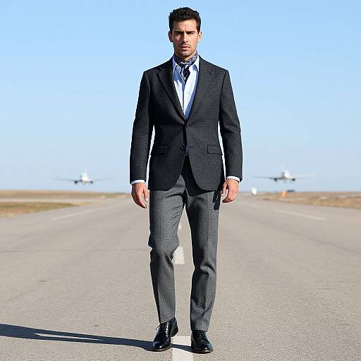 Man in Formal Attire Walking on Runway with Private Jets