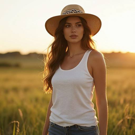 Woman in White Tank Top and Straw Hat in Sunlit Field