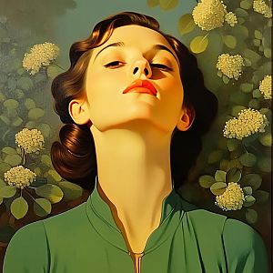 Stylized portrait of a woman with vintage hairstyle and red lipstick