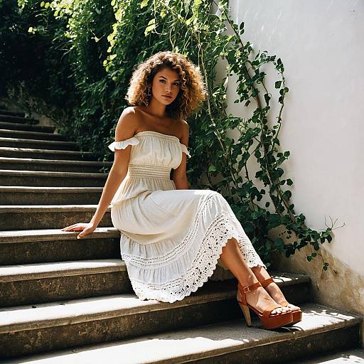Woman in White Dress Sitting on Outdoor Steps with Green Vines