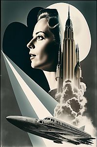 Stylized Woman with Skyline and Spaceship Illustration