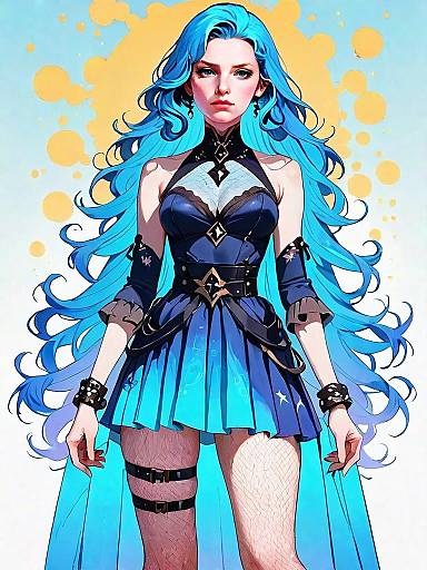 Anime Style Woman in Modern Fishnet Wrap Dress with Blue Hair