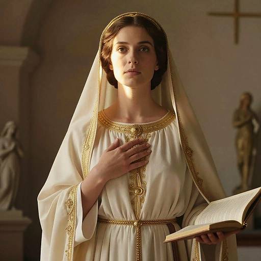 Woman in Traditional White and Gold Robe Holding Book