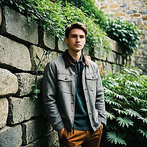 Casual portrait of a young man by a rustic stone wall