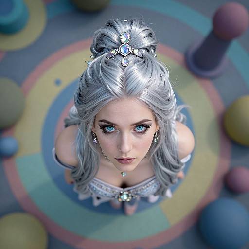 Fantasy Woman with Silver Hair and Crystal Jewelry in Whimsical Colorful Setting