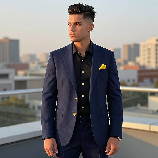 Man Wearing Navy Blue Suit with Yellow Pocket Square on Rooftop