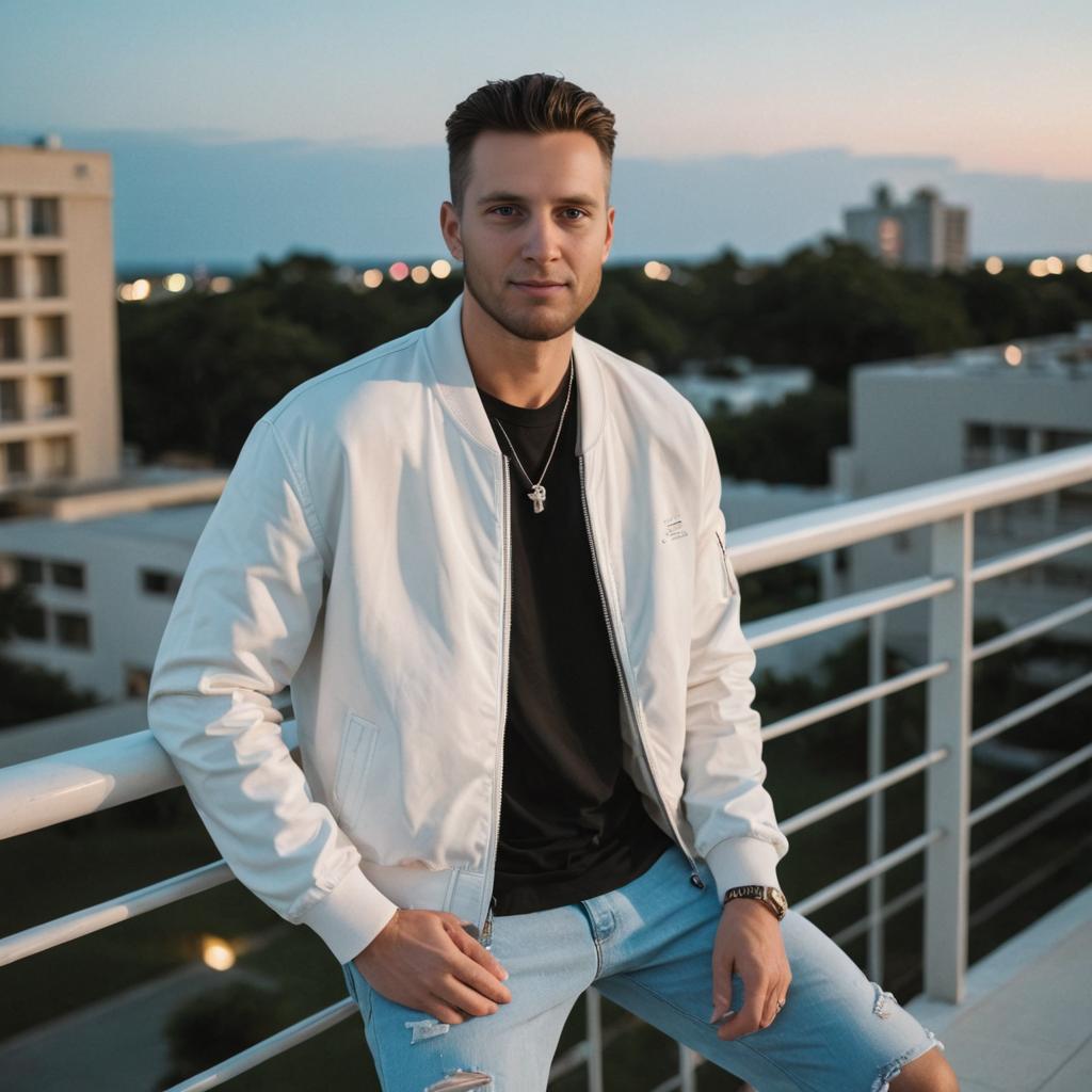 Stylish Man on Balcony at Twilight