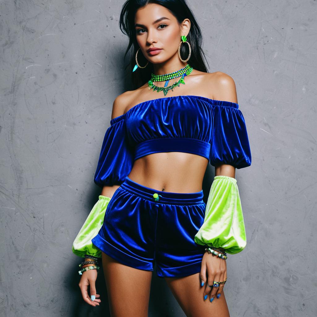 Woman in Bold Blue and Neon Green Velvet Two-Piece Fashion Outfit