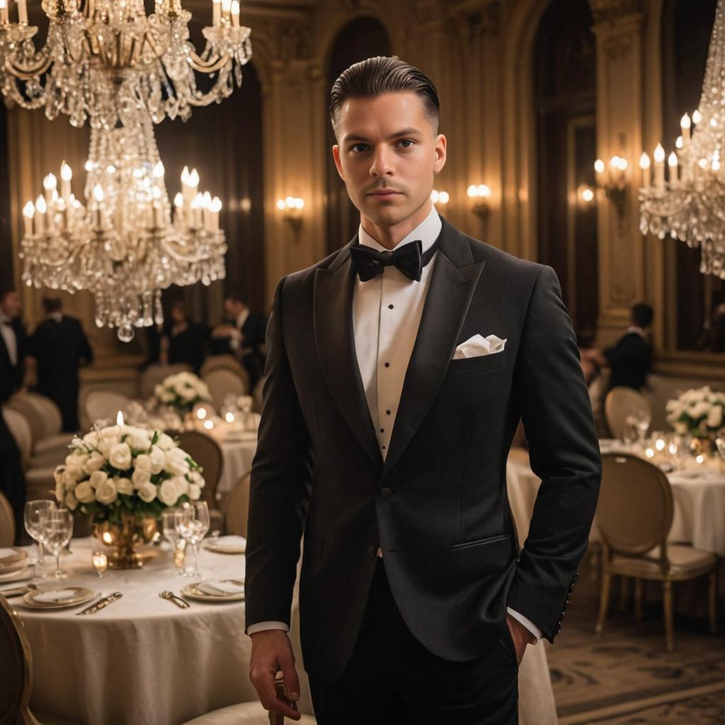 Elegant man in tuxedo in luxurious banquet hall