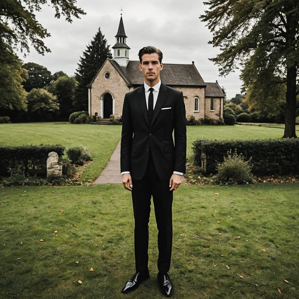 Well-Dressed Man in Black Suit at Elegant Church