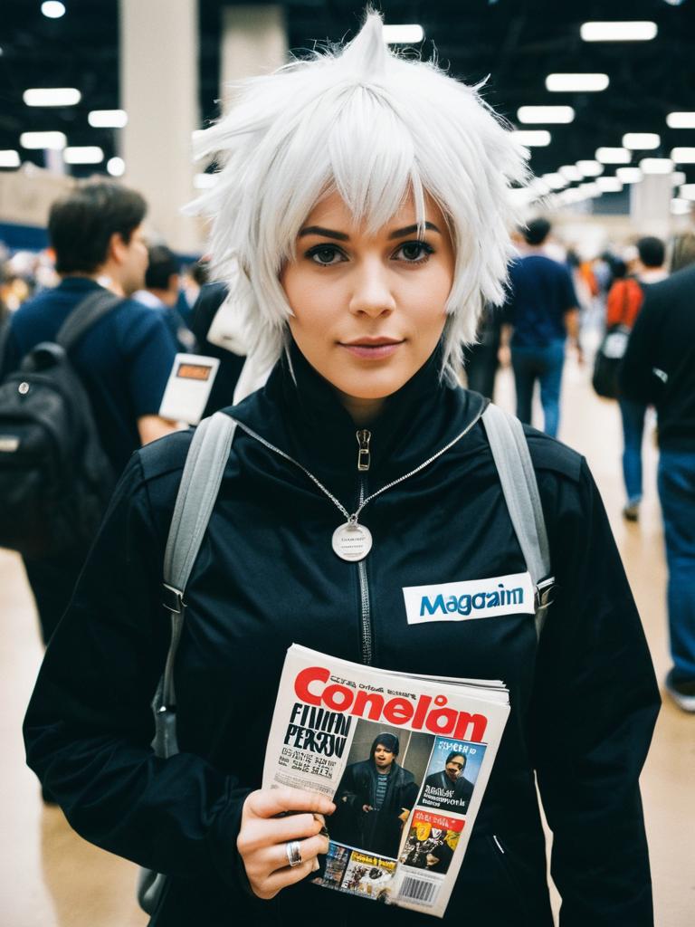 Woman in White Wig Cosplay Holding Conelán Magazine at Convention