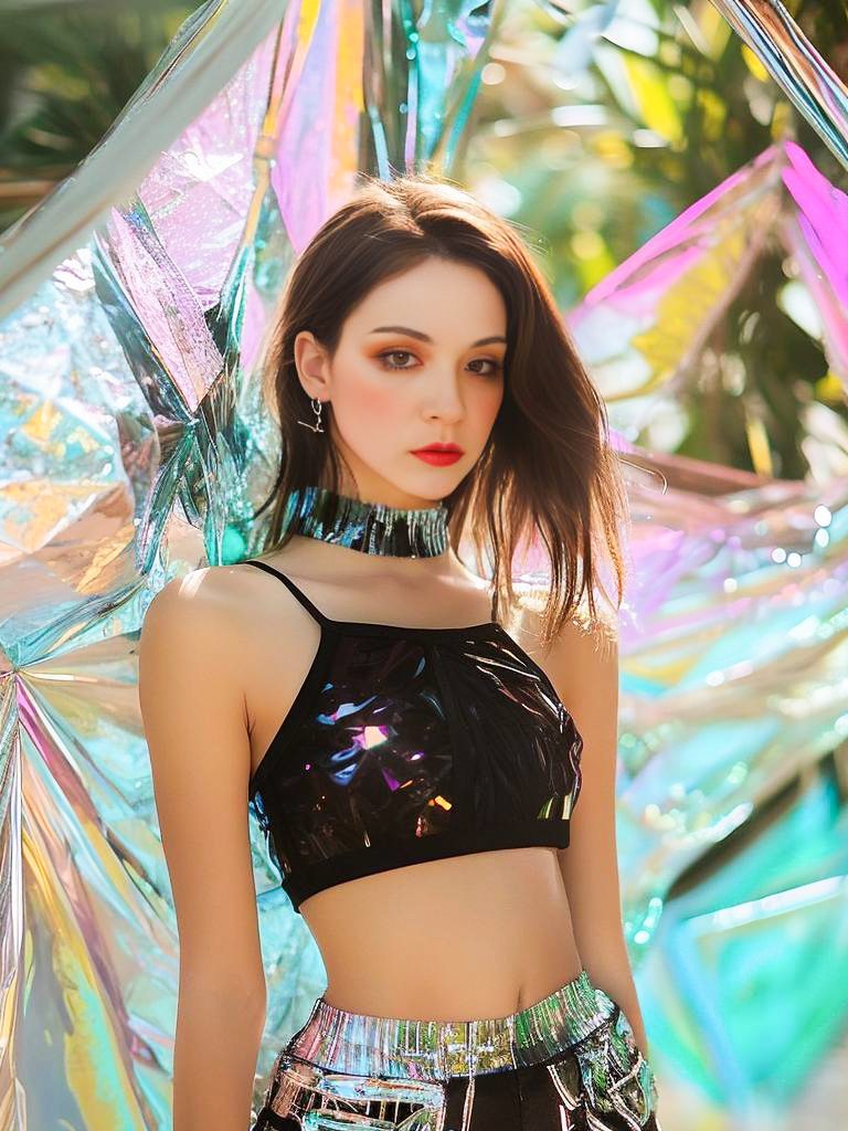 Futuristic Glam Model in Iridescent Outfit