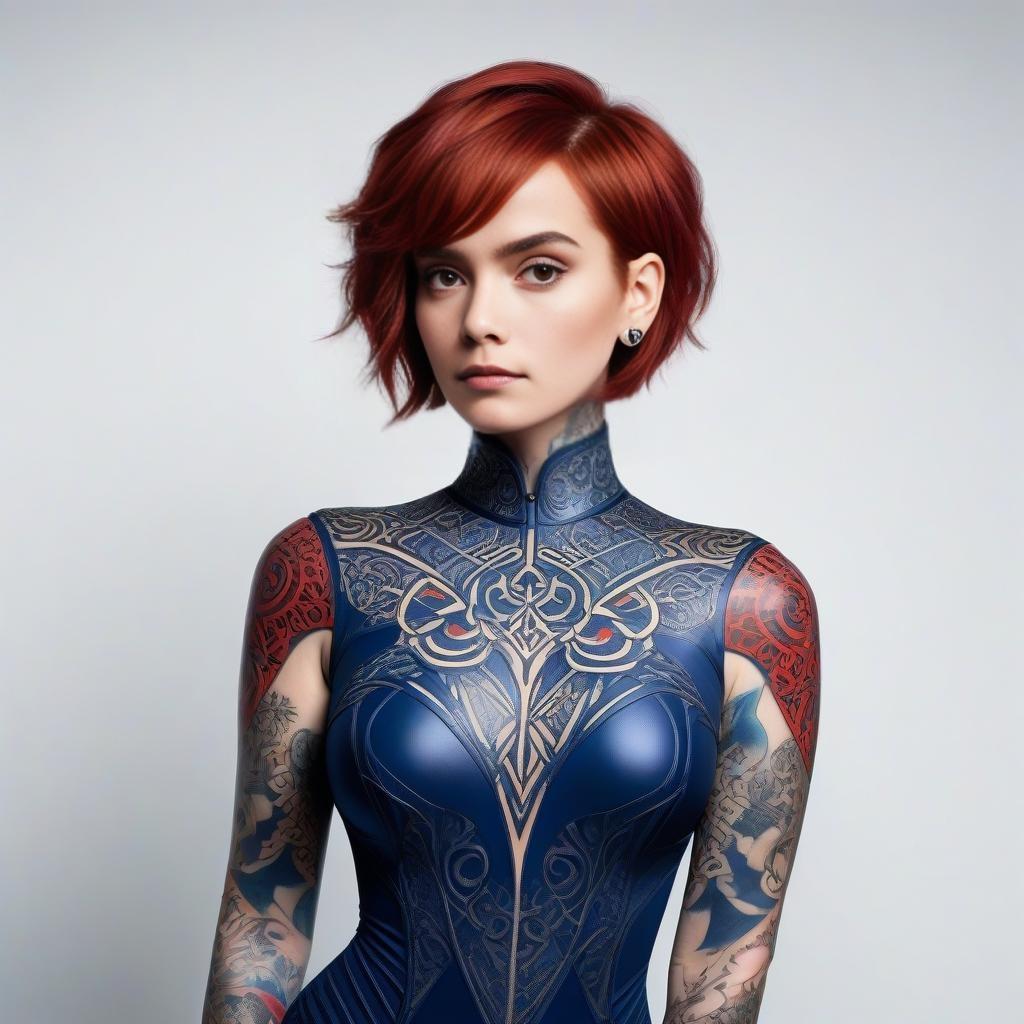 Confident woman with red hair in futuristic bodysuit