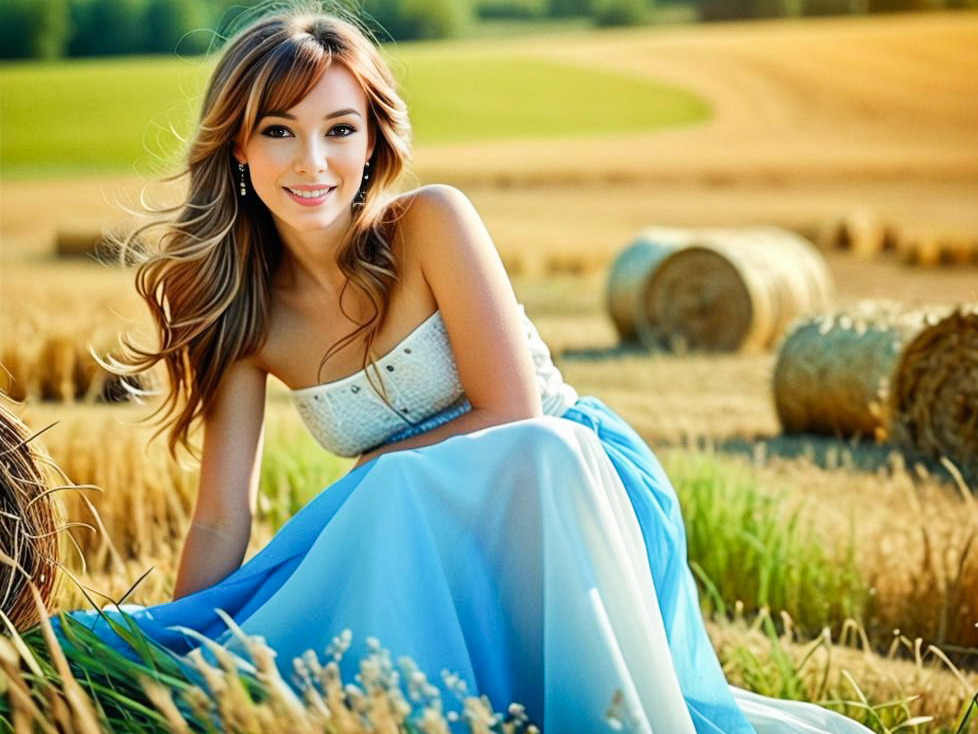 Young Woman in Blue Outfit in Lush Field