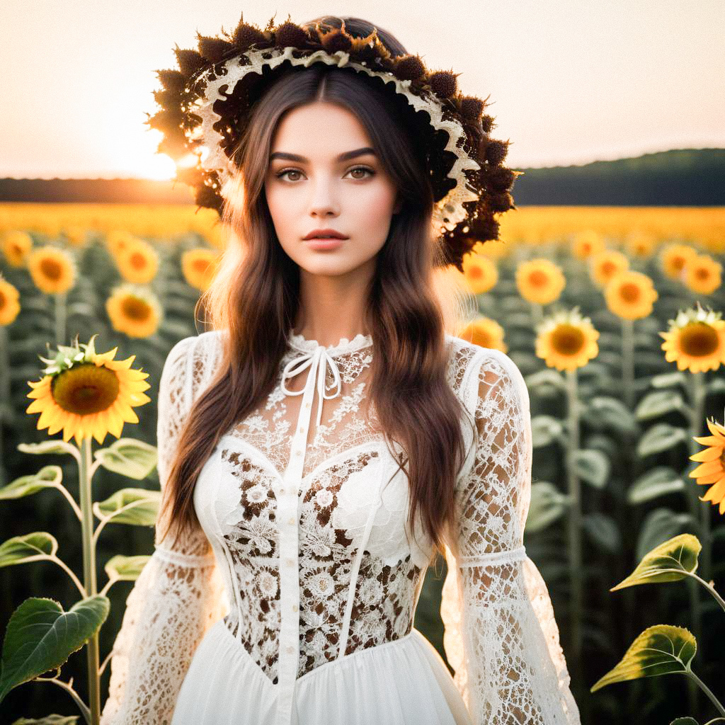 Woman in Sunflower Field at Sunset