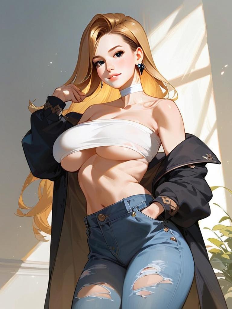 Blonde Woman in Ripped Jeans and Black Jacket Anime Illustration