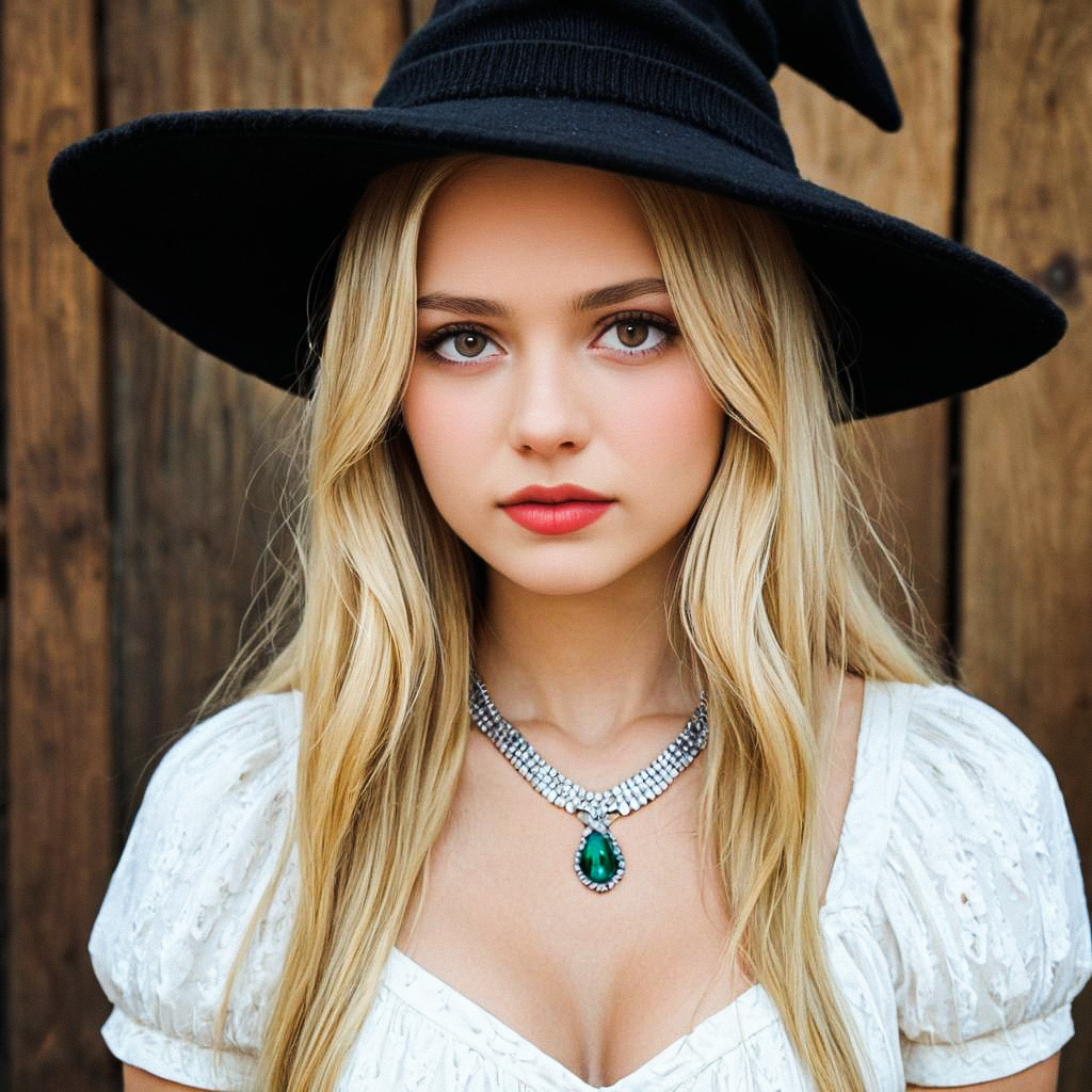 Elegant Woman in Black Hat with Green Gem Necklace Elegant Woman in Black Hat with Green Gem Necklace