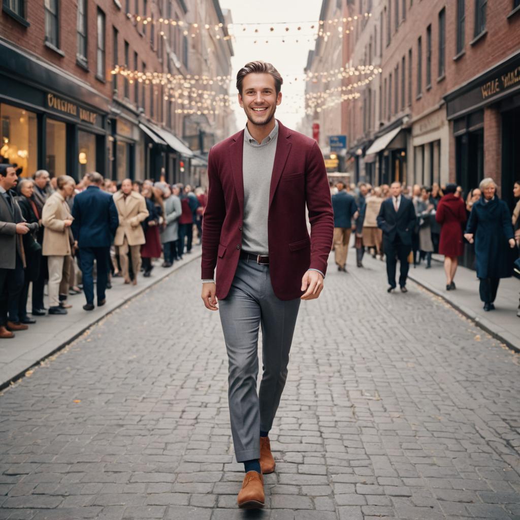 Stylish Man in Bustling City Street with Festive Lights