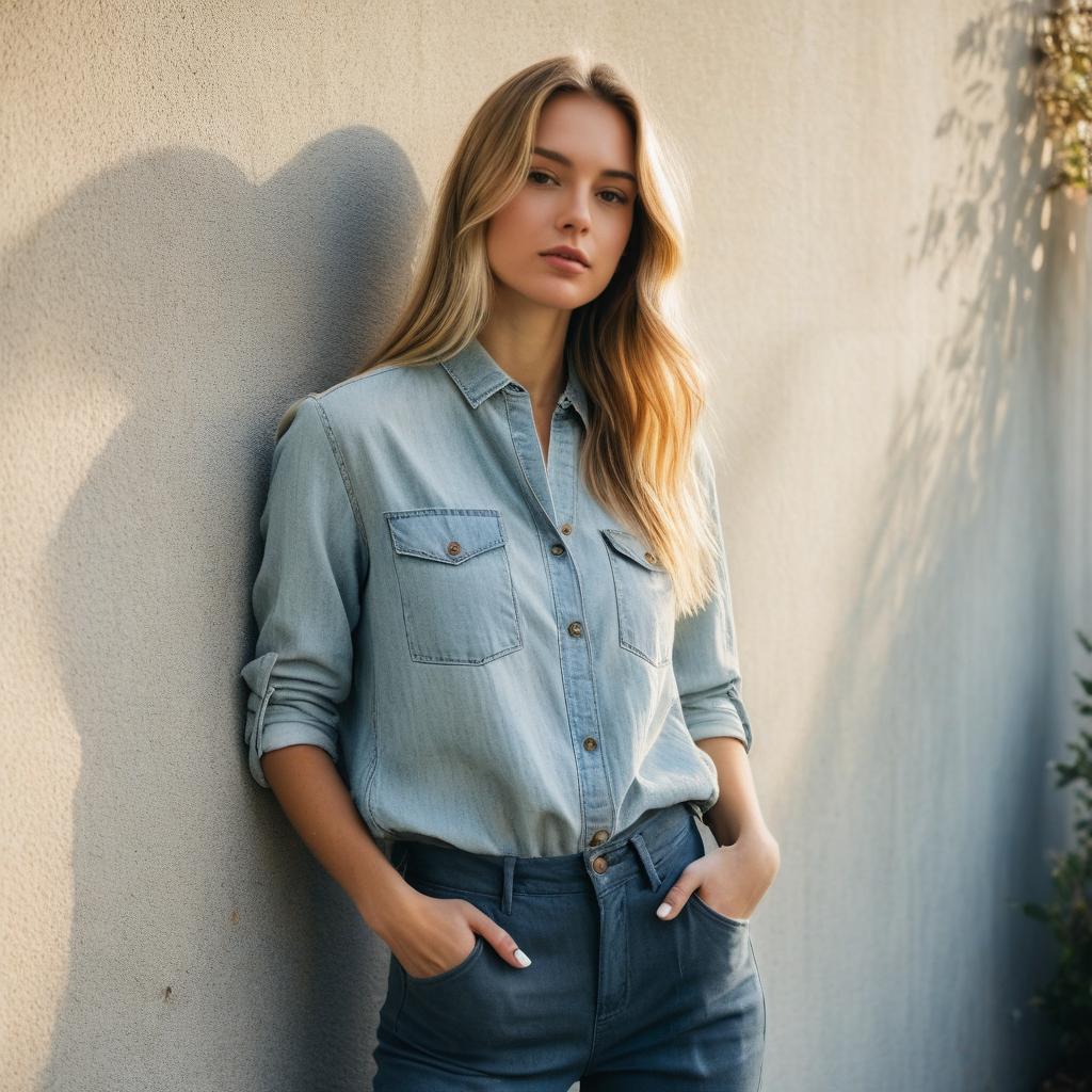 Young Woman in Denim Shirt Leaning Against Wall Outdoors